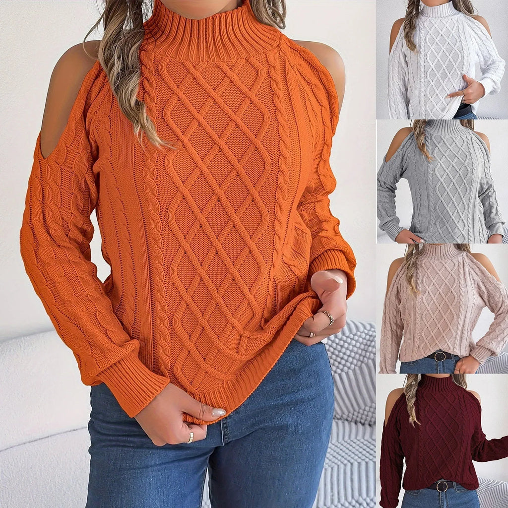 Women's gray strapless acrylic sweater with twisted pattern, half-high collar, and long lantern sleeves.