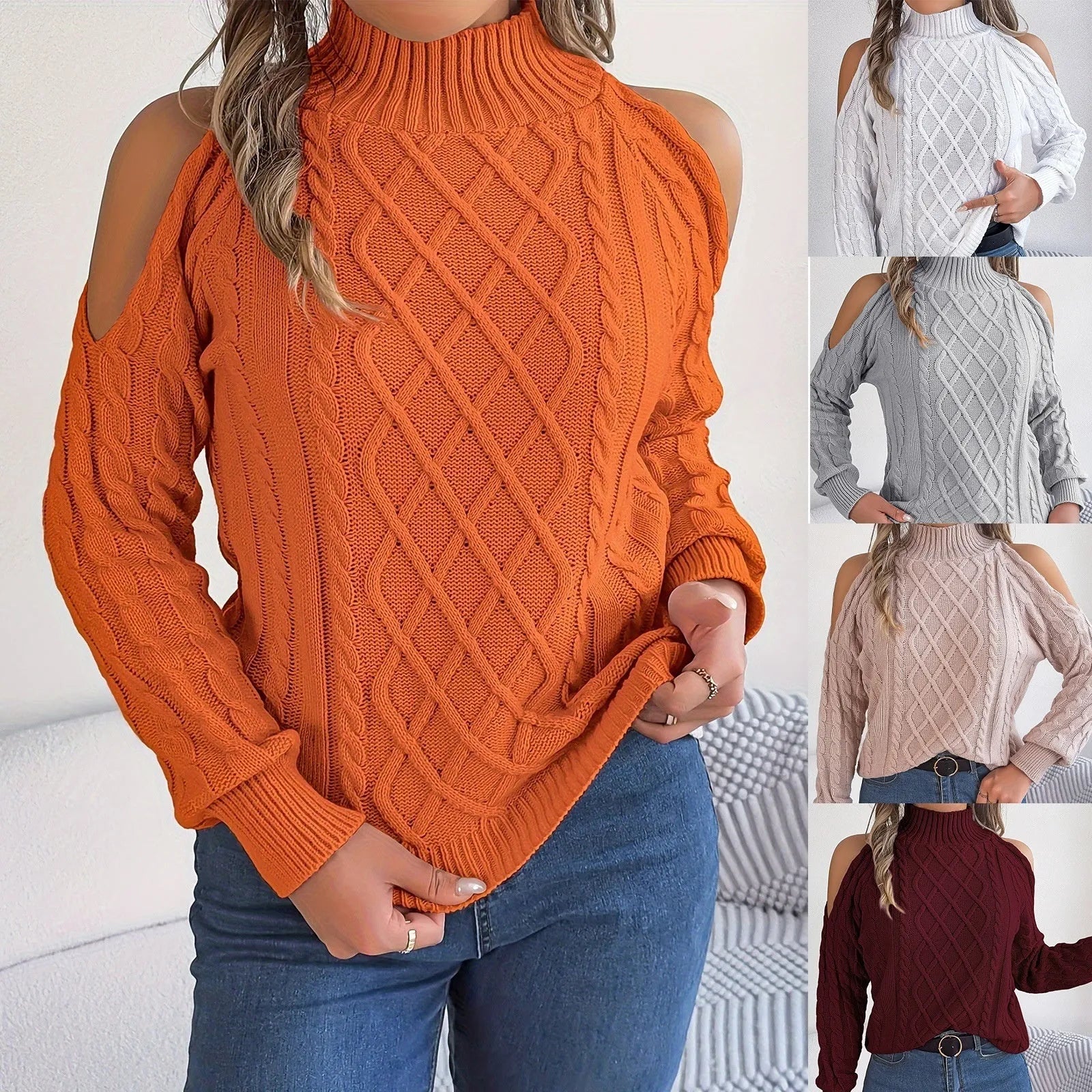 Women's gray strapless acrylic sweater with twisted pattern, half-high collar, and long lantern sleeves.