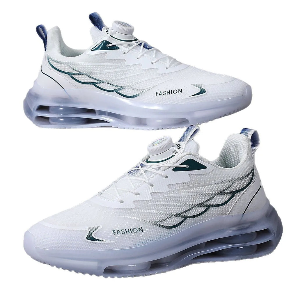 White men's low-top casual running shoes with rotating button closure and mesh upper.