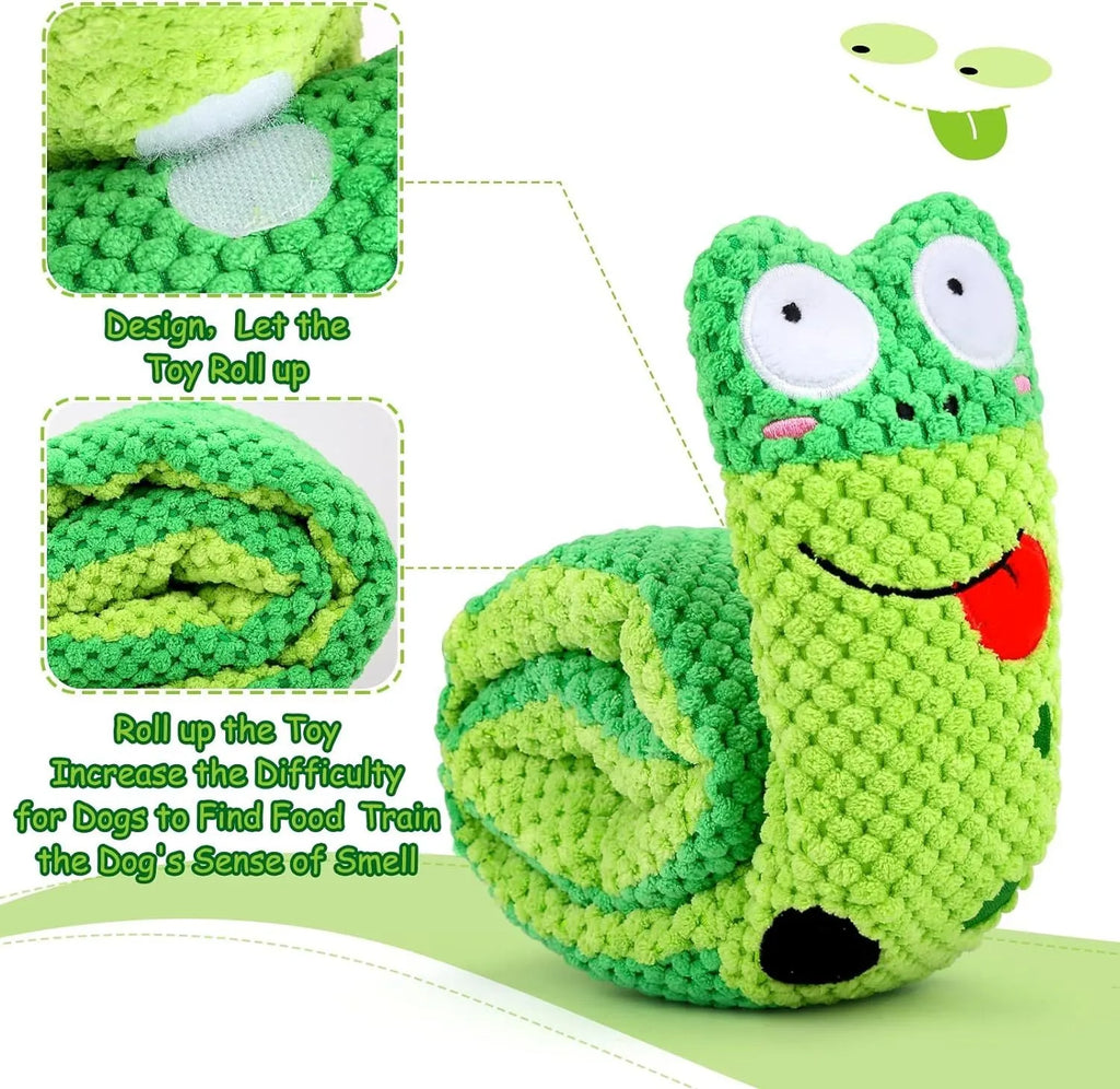 Squeak dog toy shaped like a snail with hidden food holes for puzzle training.