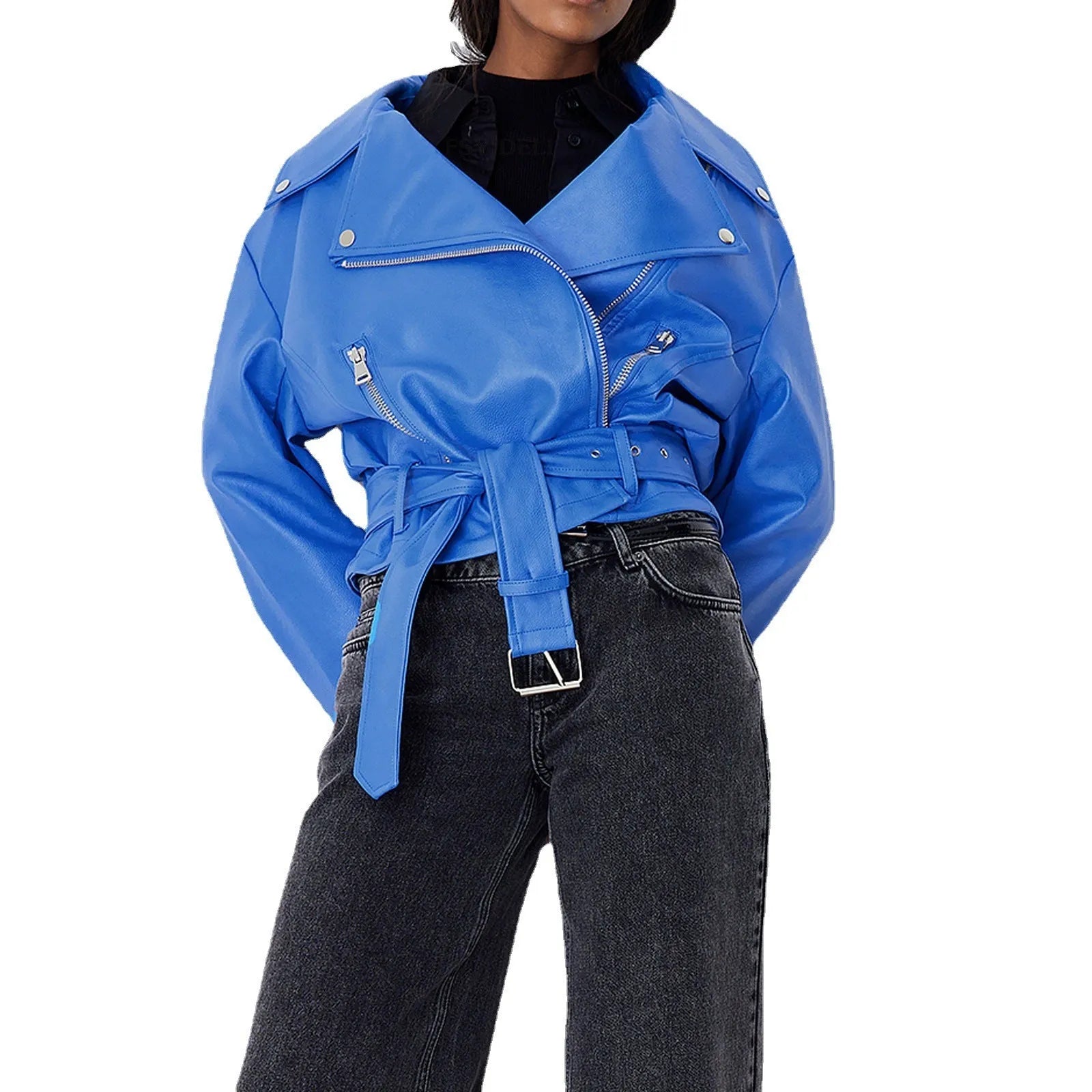Punk short belt lapel locomotive style jacket in black blue or green faux leather with drawstring