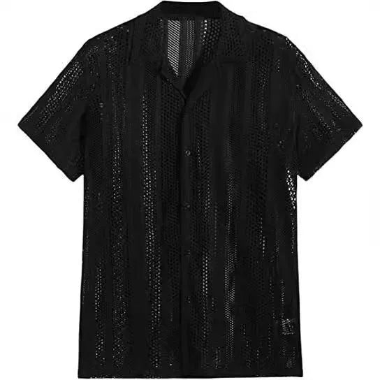 Man wearing a black jacquard knitted short-sleeve button shirt in a cardigan style