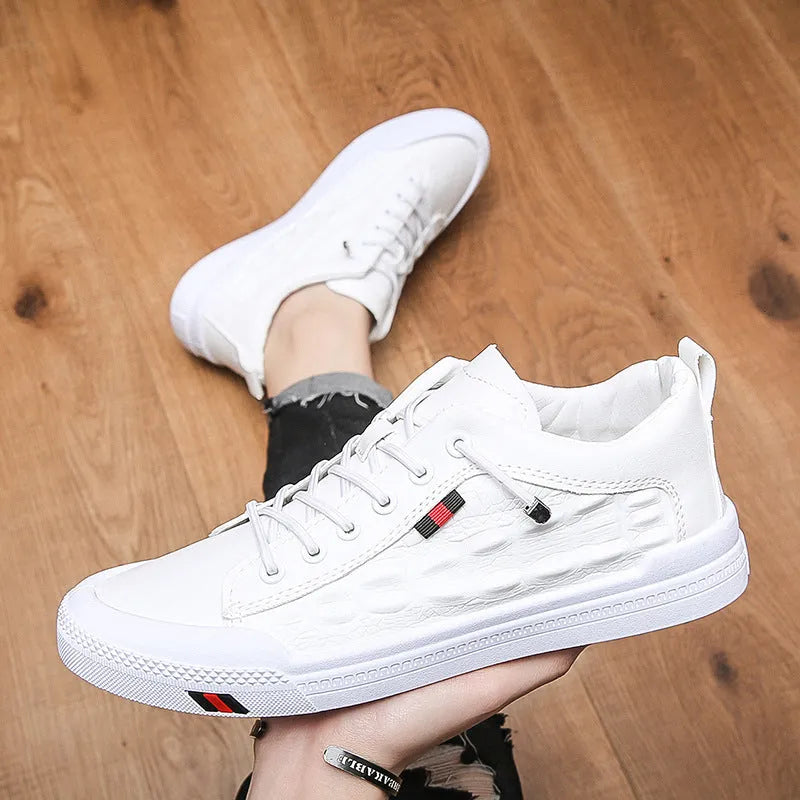 White men's casual sneakers with lace-up closure and round toe design