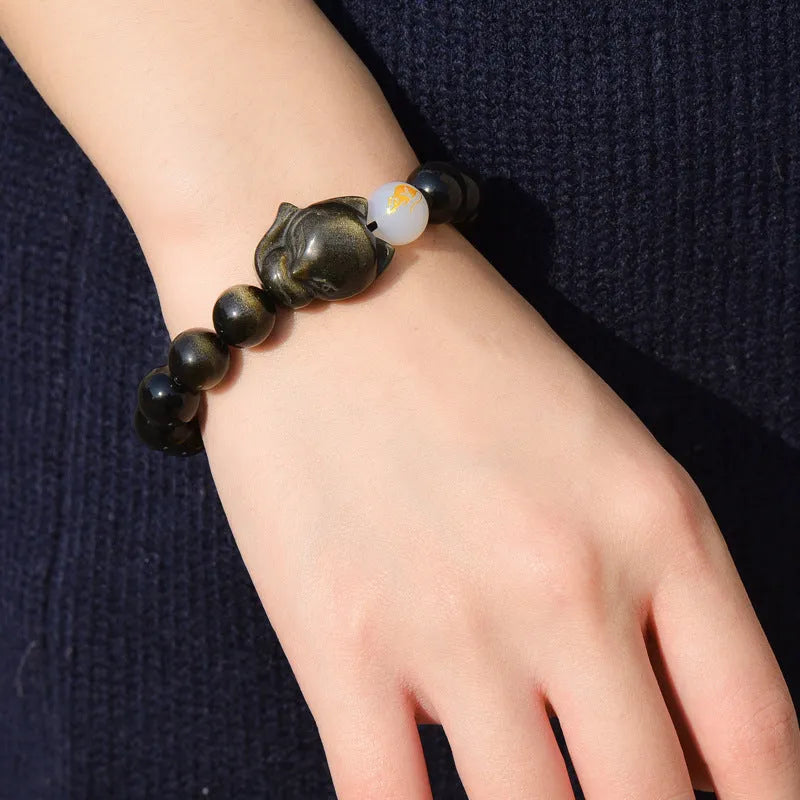 Obsidian stone bracelet with 10mm beads in national style design