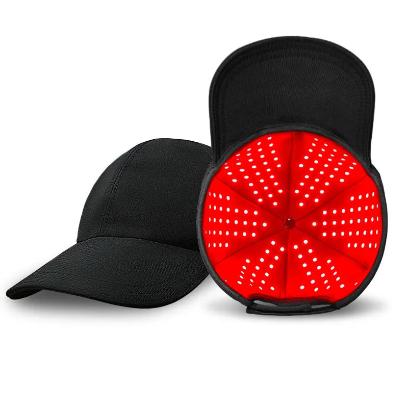 Black infrared peaked cap for hair growth with LED light strips and separate controller