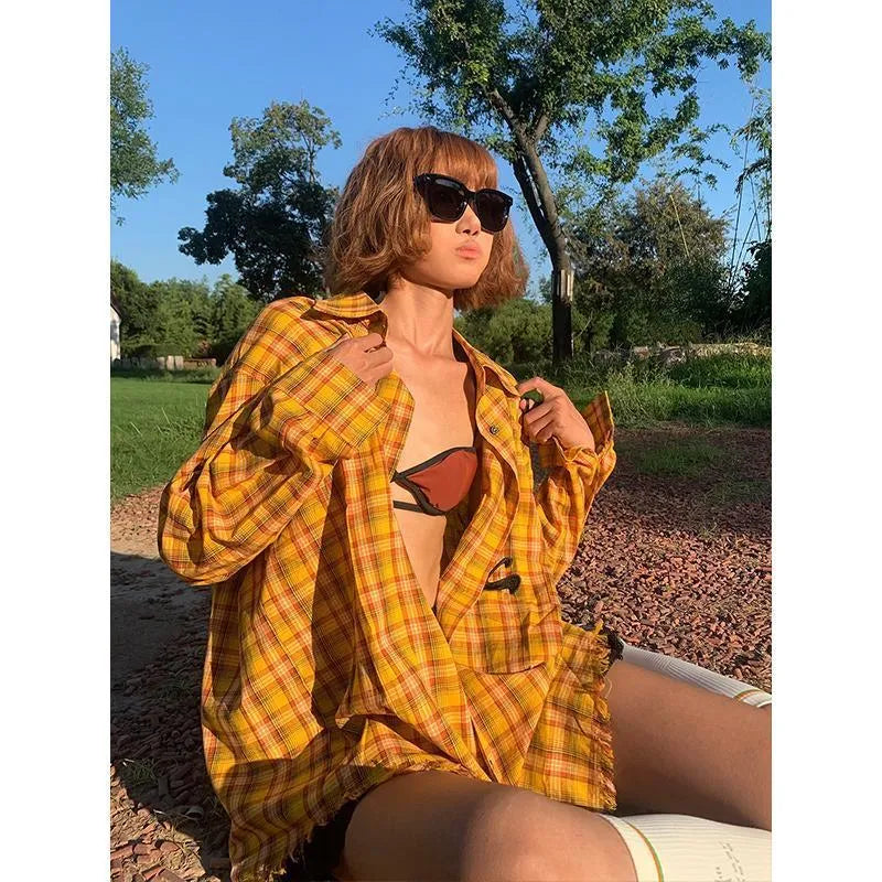 Dopamine yellow plaid shirt with loose fit cardigan-style design on chemical fibre blend fabric