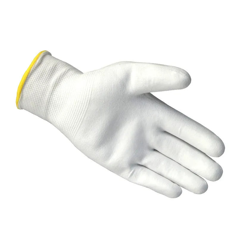 White PU coated labour gloves showing length and flexible construction