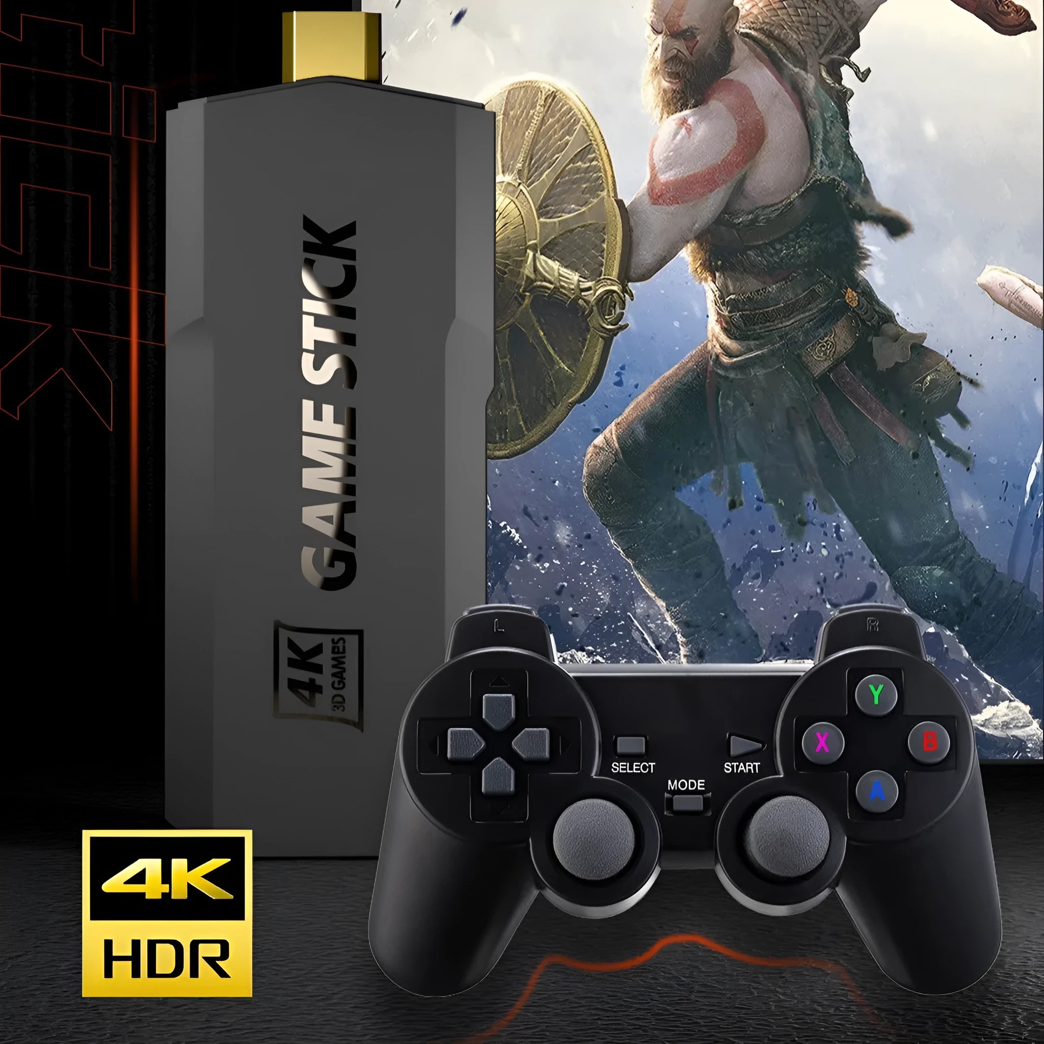 Black HD home TV game console with wireless handle on a wooden surface next to an HDMI cable.