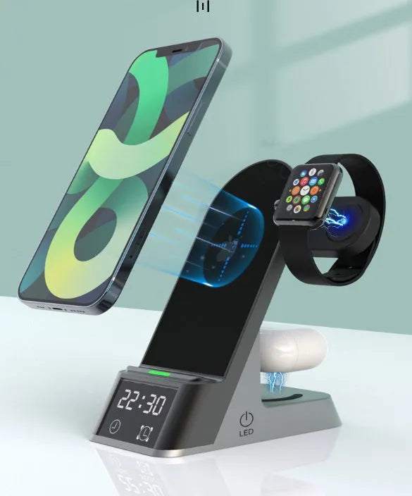 Black multifunctional alarm clock with wireless charging pad, digital display, and Apple Watch charger.