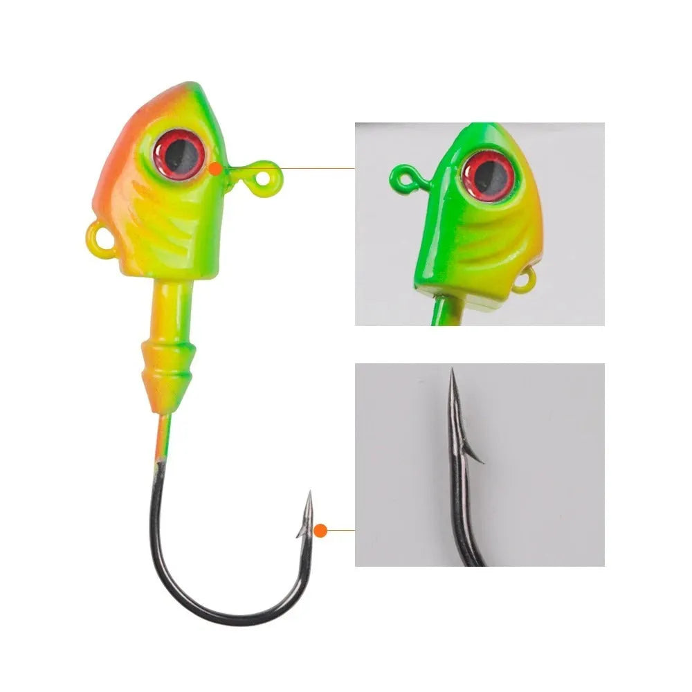 Yayu-shaped lead head fishing hooks in blue, silver, and yellow colours with weight options from 3.5g to 28g