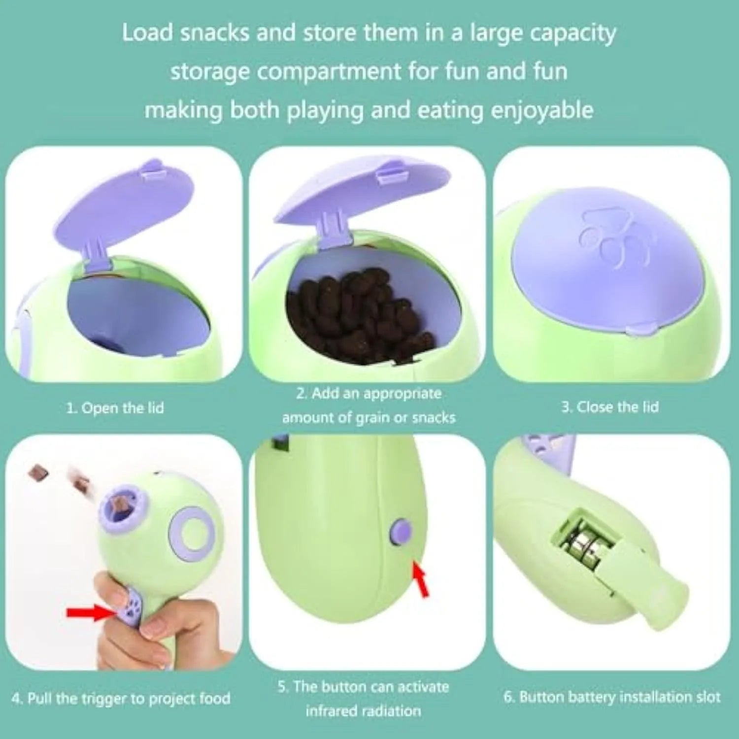 Green, orange, and pink interactive dog treat launcher toy for training and play.