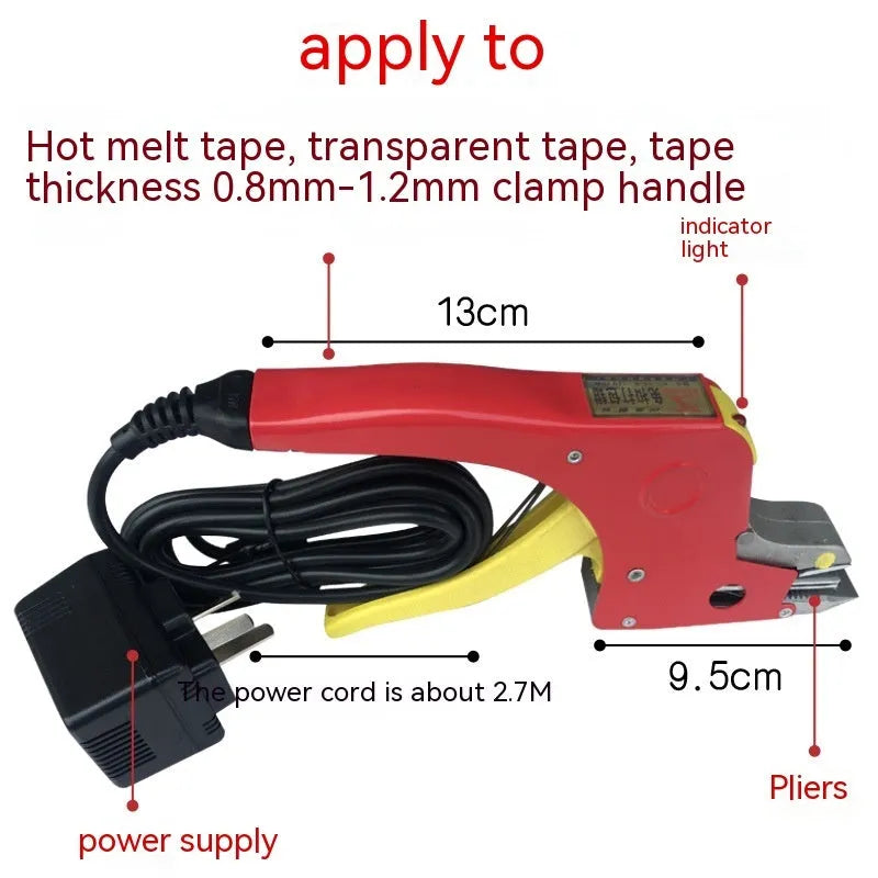 Portable electric hot melt packing machine with plastic steel tensioner and yellow strapping tape.
