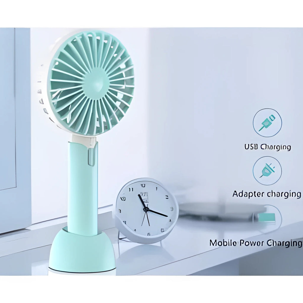 Blue handheld mini electric fan with USB cable, three speed buttons, and shaking head function