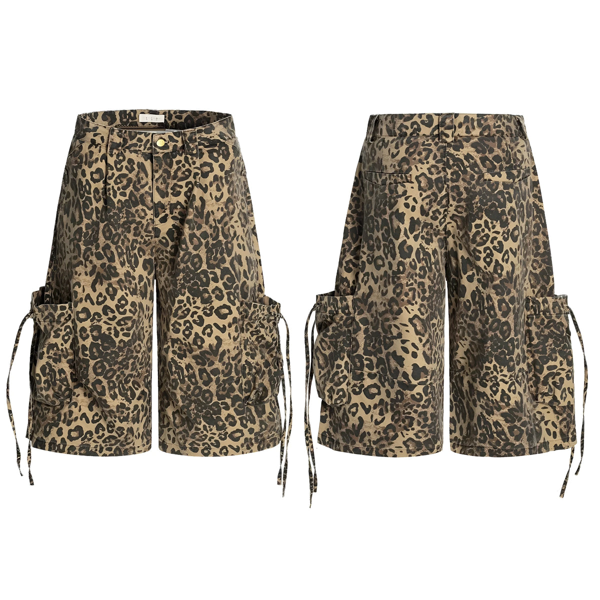 Leopard print cotton cropped trousers with a high waist and straight leg on a hanger