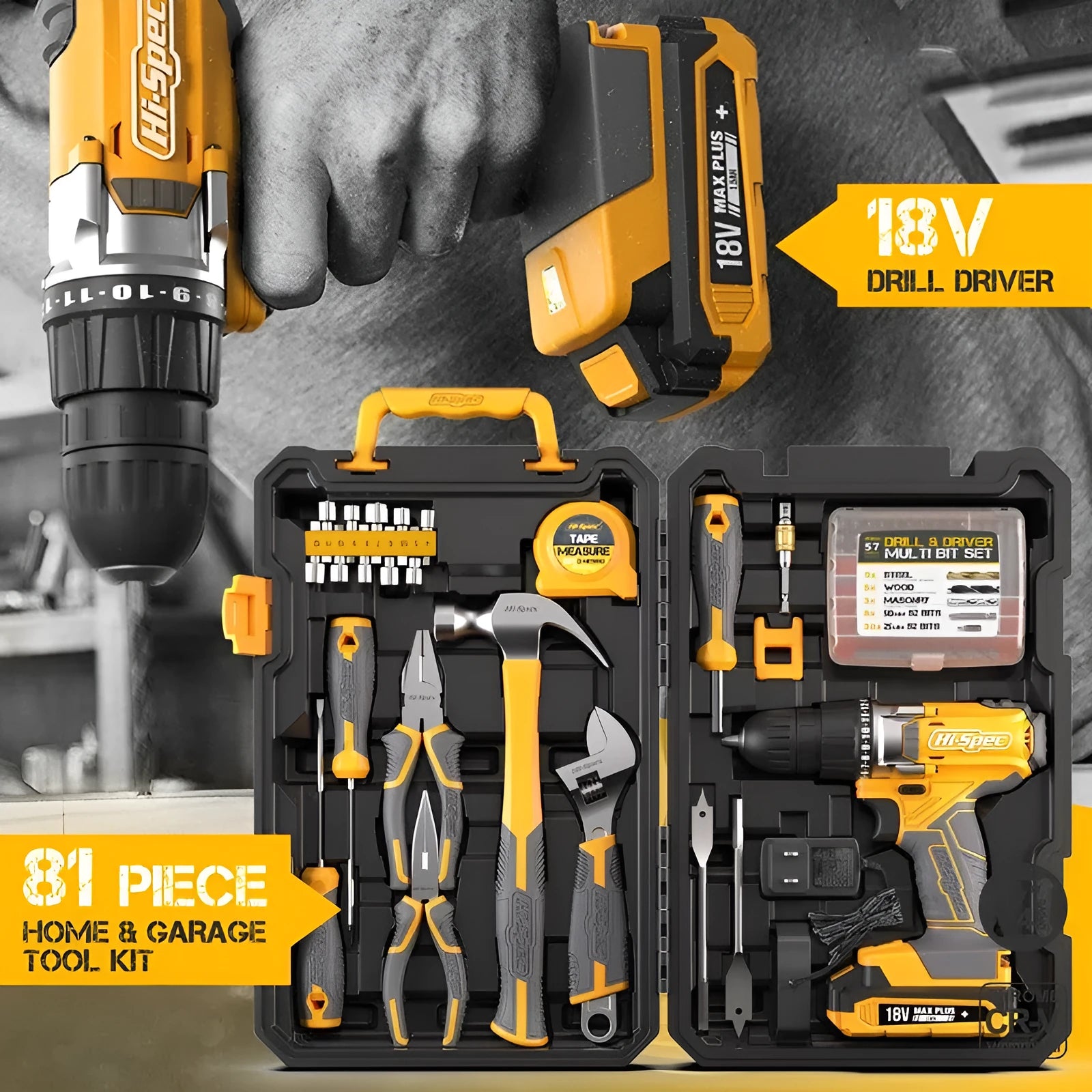 Grey yellow case containing 82-piece chrome-vanadium steel furniture tool set for installation and assembly