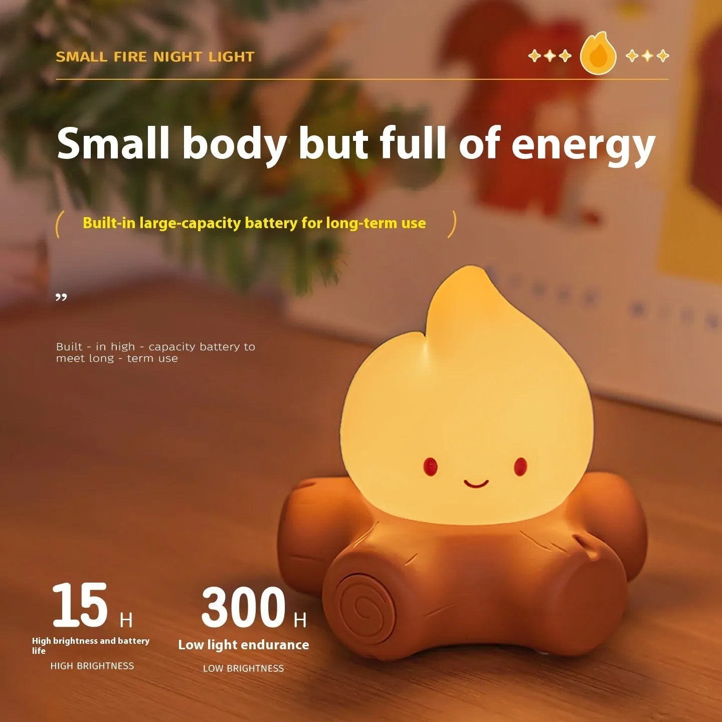 Silicone fire pile cartoon night lamp with yellow LED lighting and ABS shade measuring 96x92x93mm