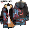 Man wearing a loose fit hooded cardigan with a front zipper and digital multicolour print pattern.