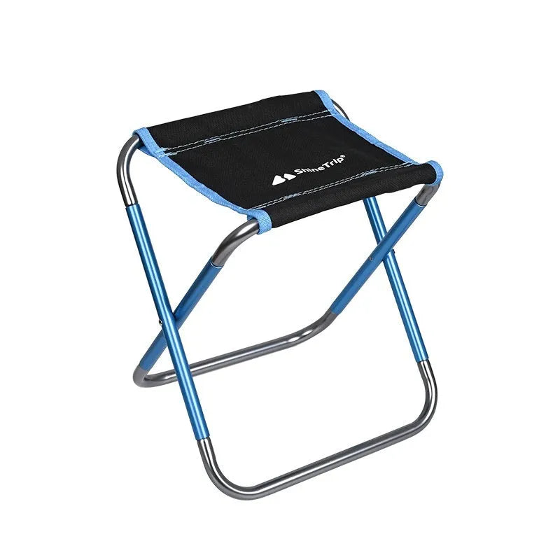 Black folding stool with ethnic pattern, made from 7075 aluminium alloy, shown in folded and open positions.