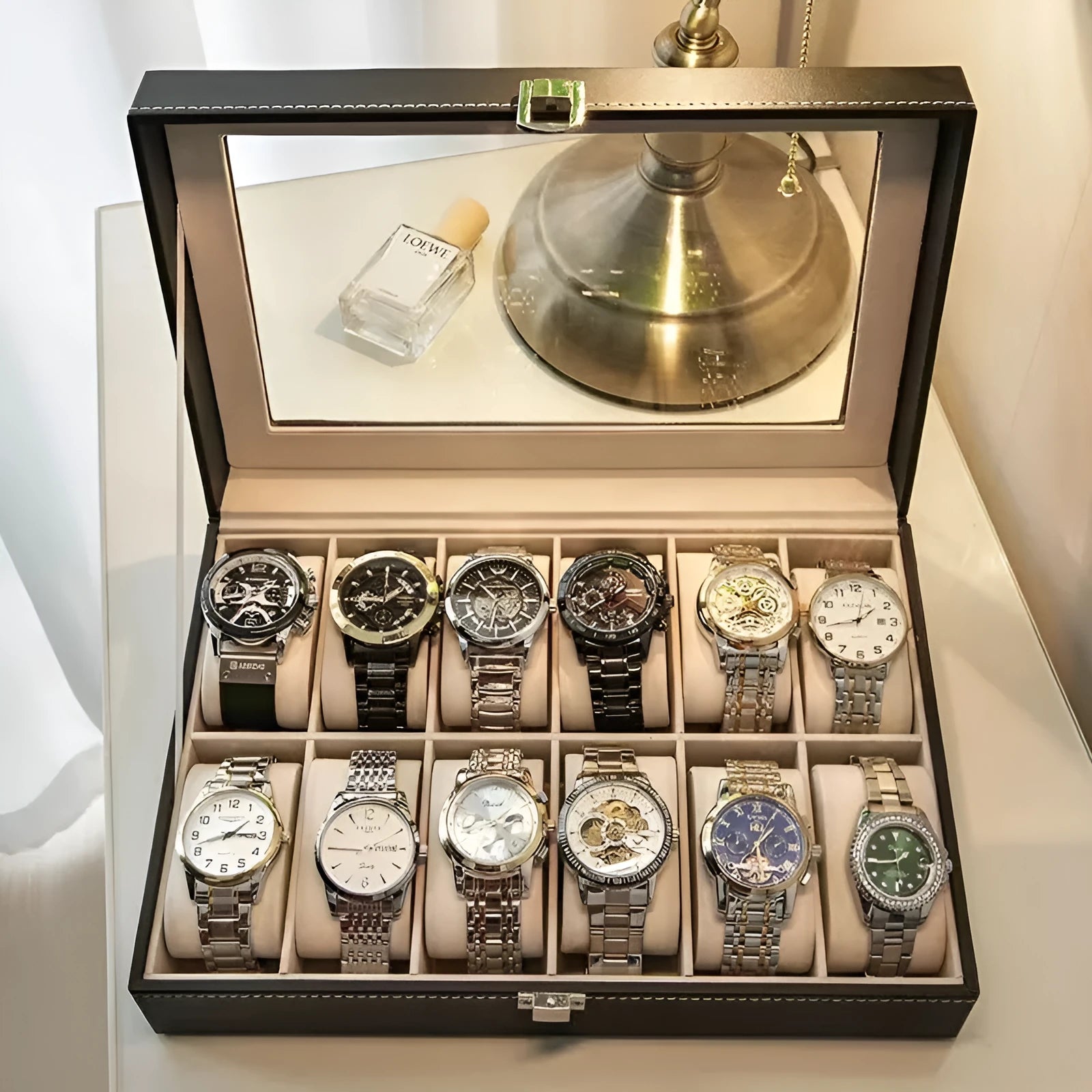 Grey high-grade leather watch storage box with transparent dustproof lid showing internal watch slots