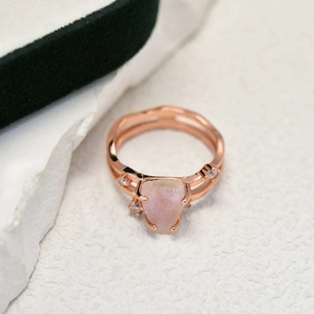 S925 sterling silver ring with triangular geometric design and central moonstone in gold tone plating