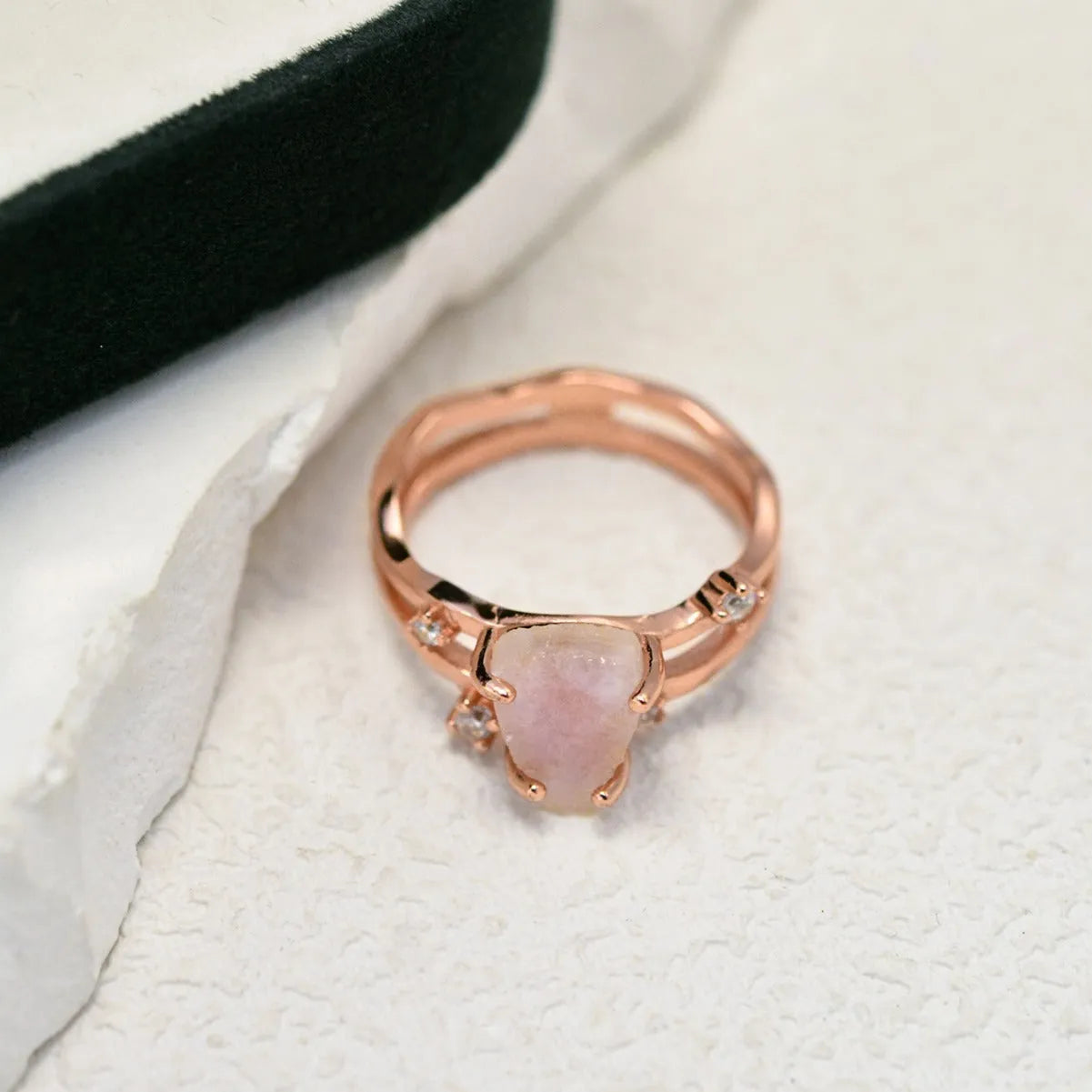 S925 sterling silver ring with triangular geometric design and central moonstone in gold tone plating