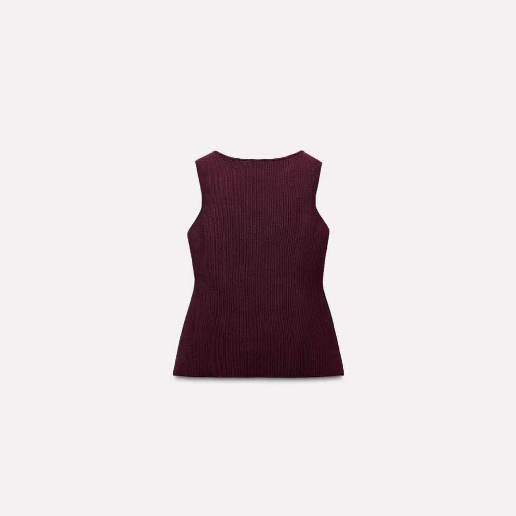 Slim-fit dark red viscose vest with gold buttons and a 3D textured pattern.