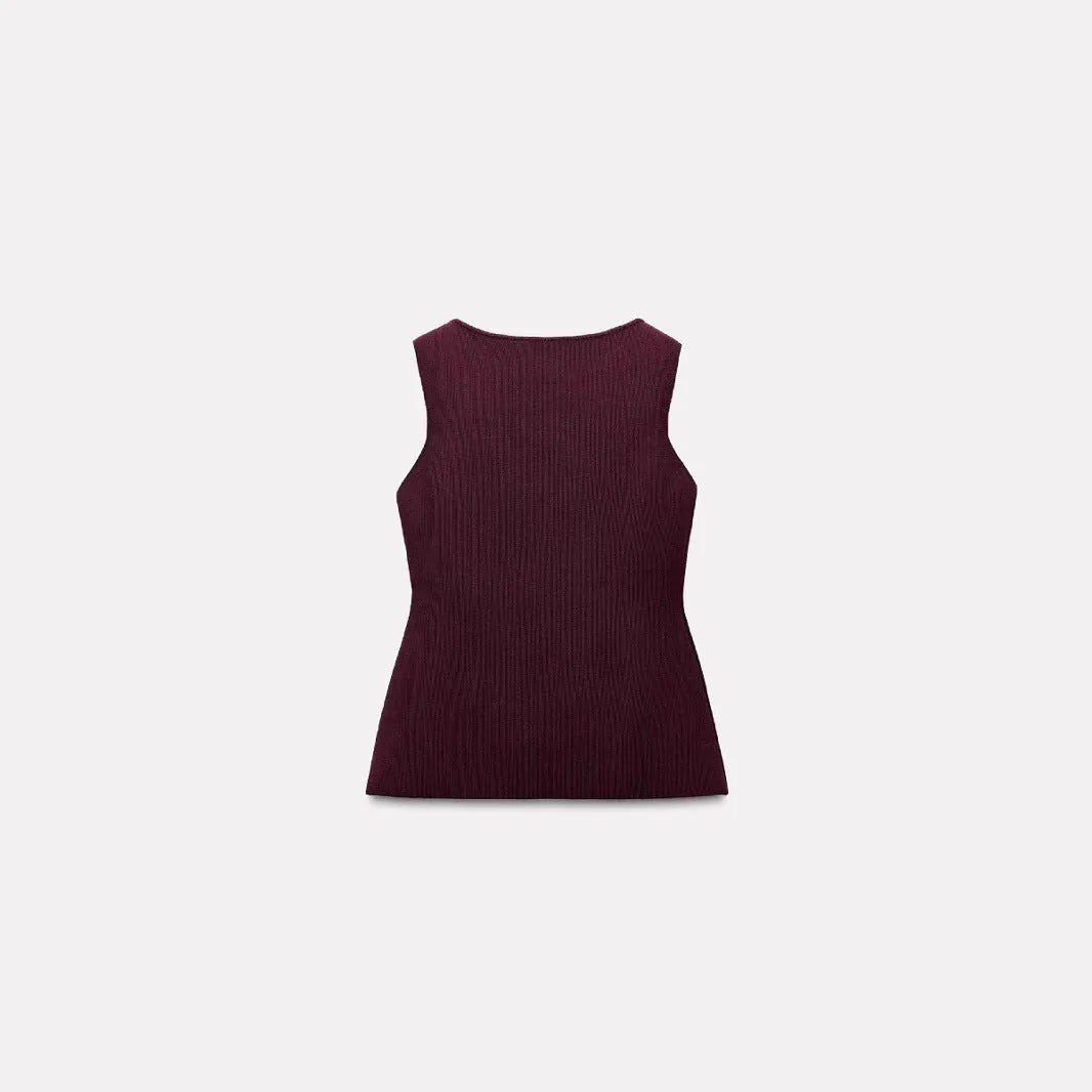 Slim-fit dark red viscose vest with gold buttons and a 3D textured pattern.