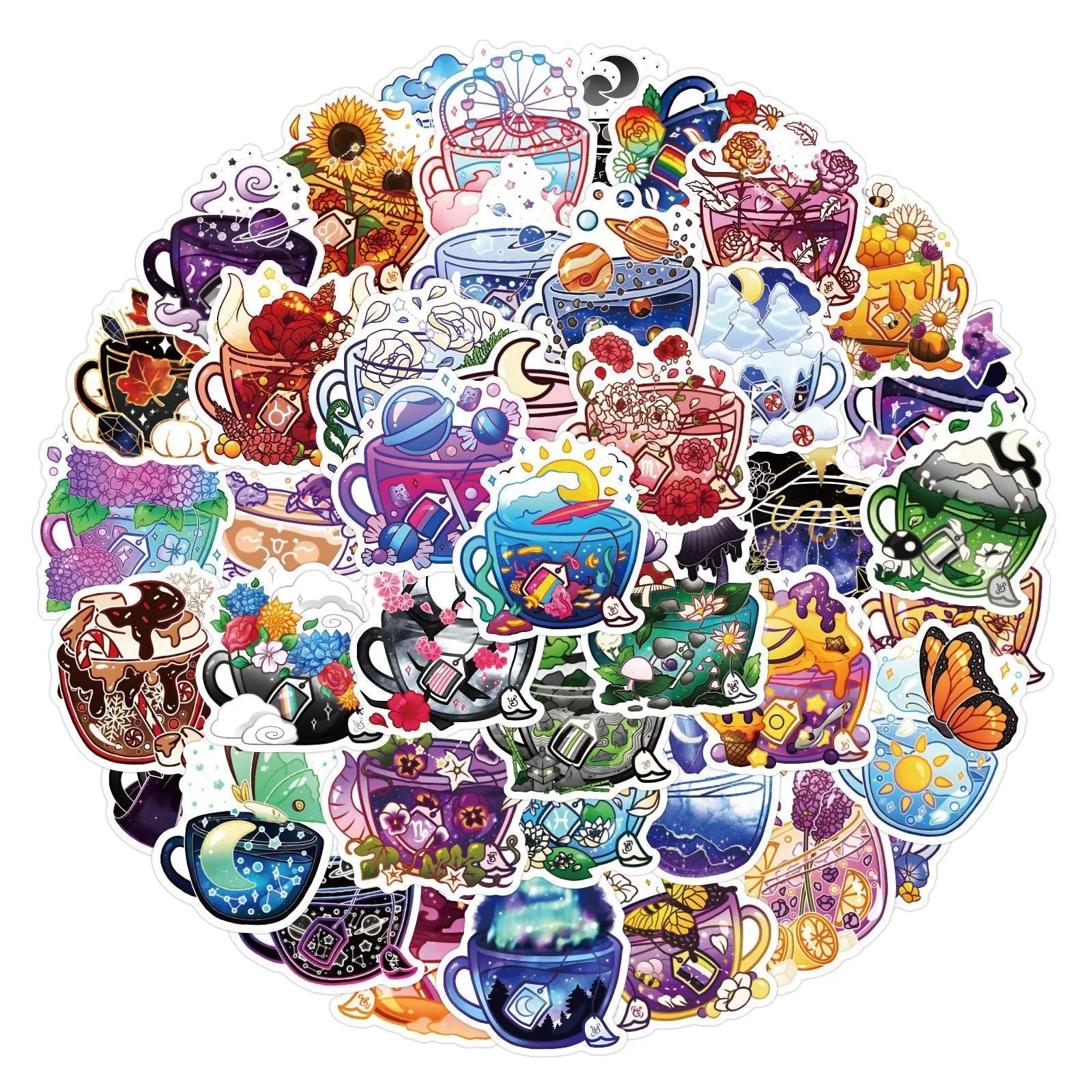Pack of 50 colourful tea cup graffiti design waterproof stickers for DIY personalisation on scooters and luggage.