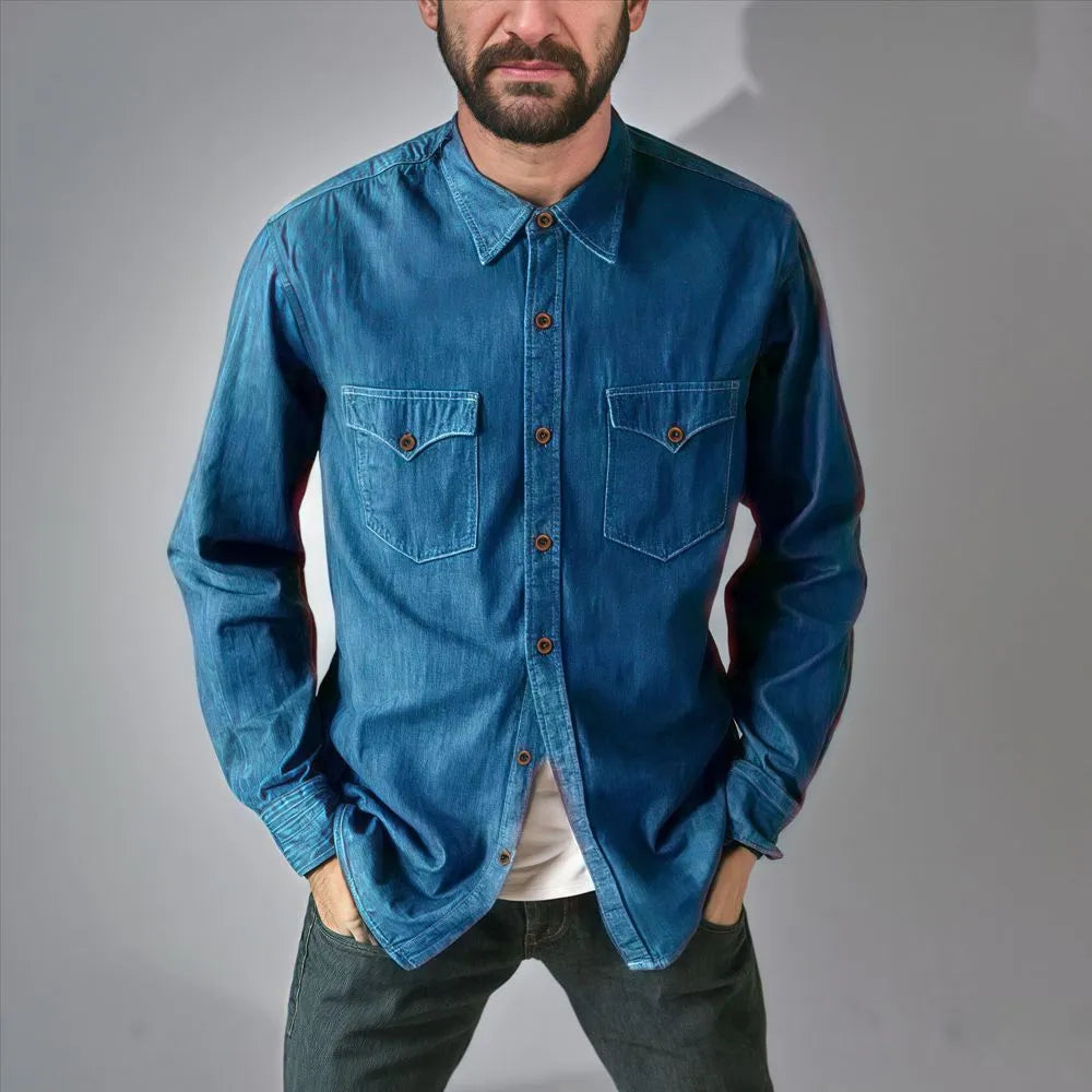 Men's denim cardigan coat in multiple colours showing regular fit design and cotton denim fabric