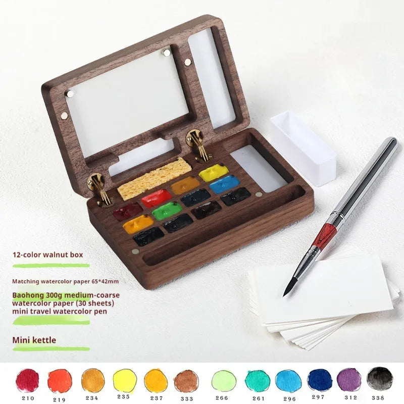 Mini walnut wood watercolour paint box with basic artist pigments and portable design