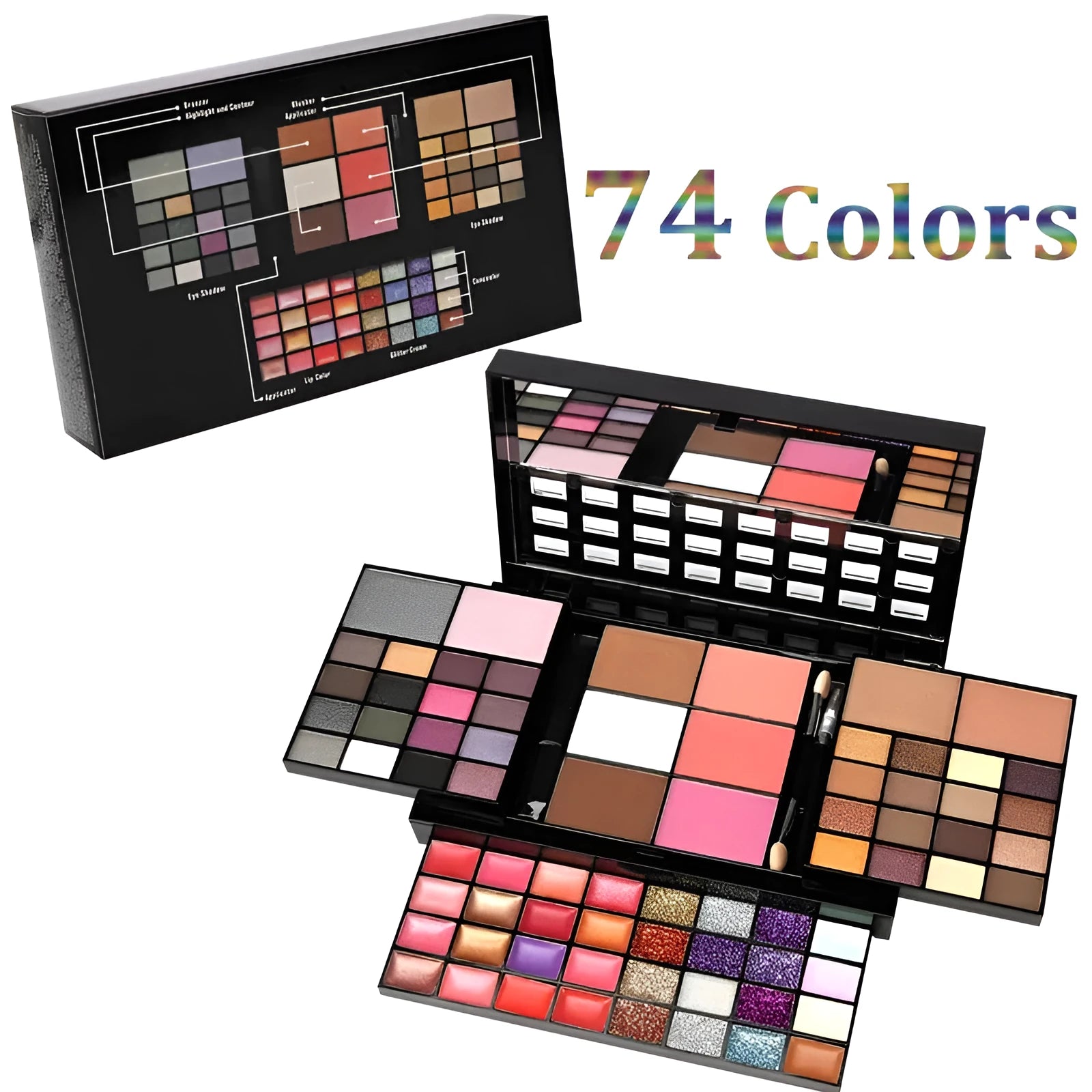 74 colour makeup palette open showing eyeshadows, lip glosses, and face powders with a mirror and brushes.