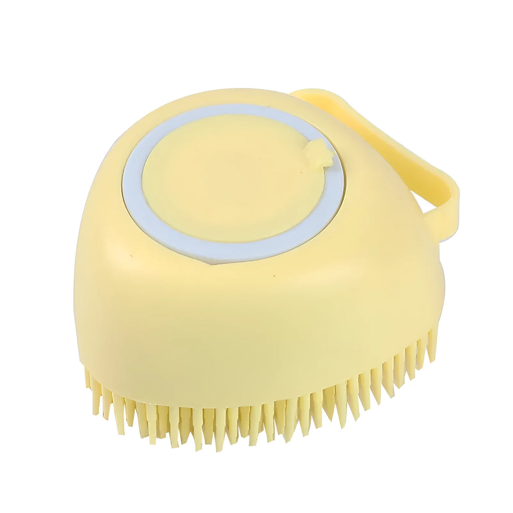 Silicone dog bath brush with ergonomic handle in blue, pink, or yellow colour