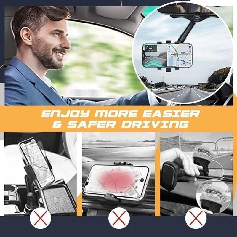 Black rearview mirror phone holder with 360 degree rotation and retractable arm for car mounting