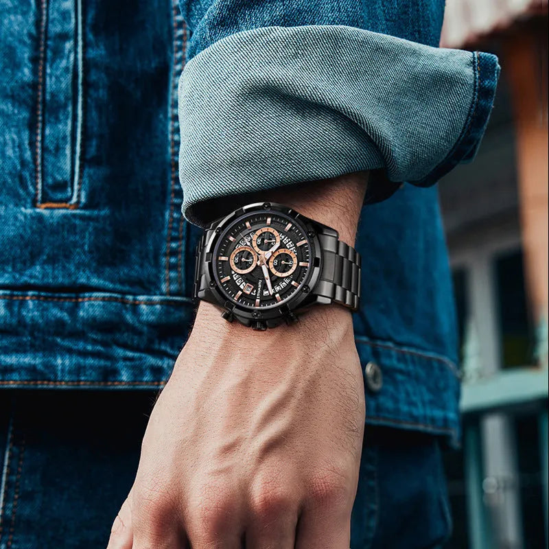 Men's luminous waterproof quartz watch with steel belt in black shell blue surface option