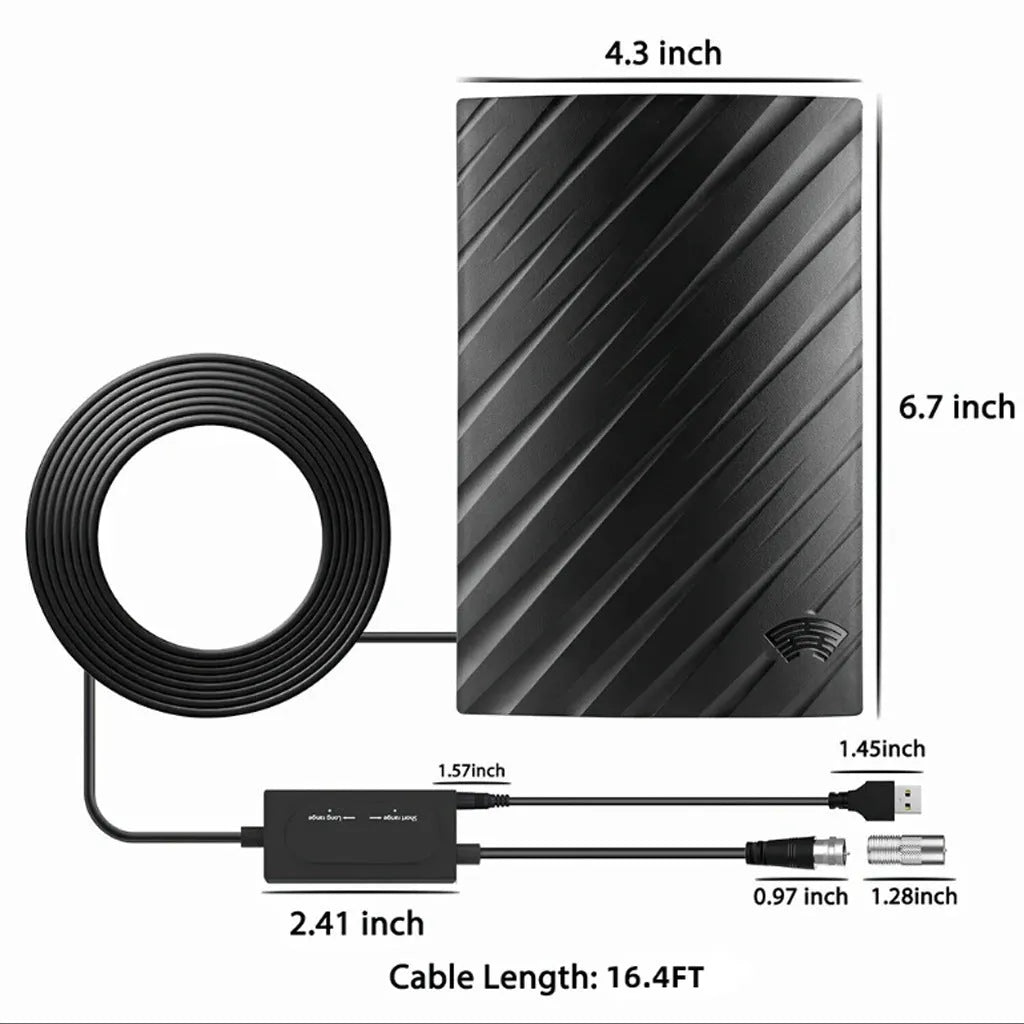 Black plastic indoor digital television antenna with mounting accessories.