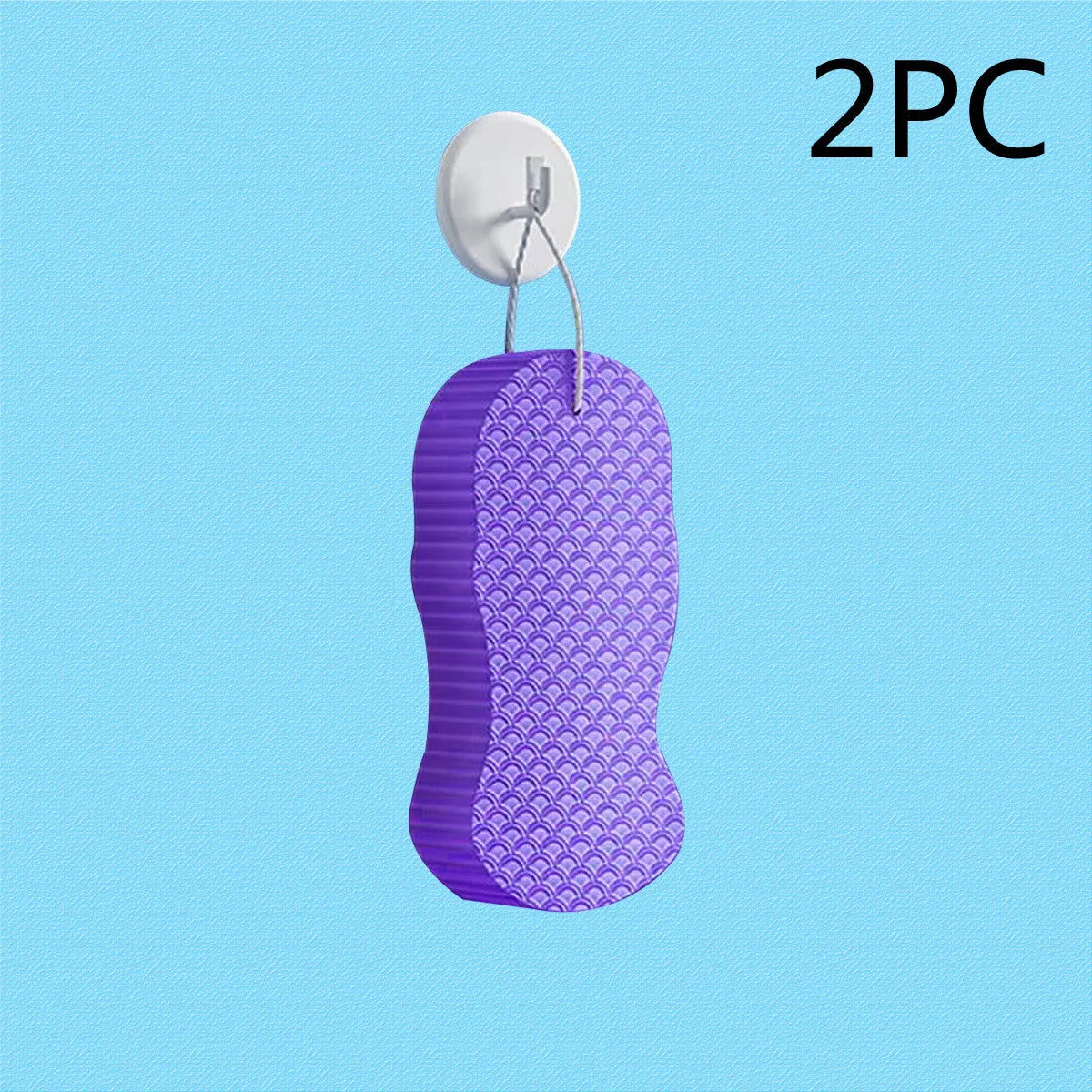 White 3D fish scale pattern bath sponge ball with hanging loop on a grey background.