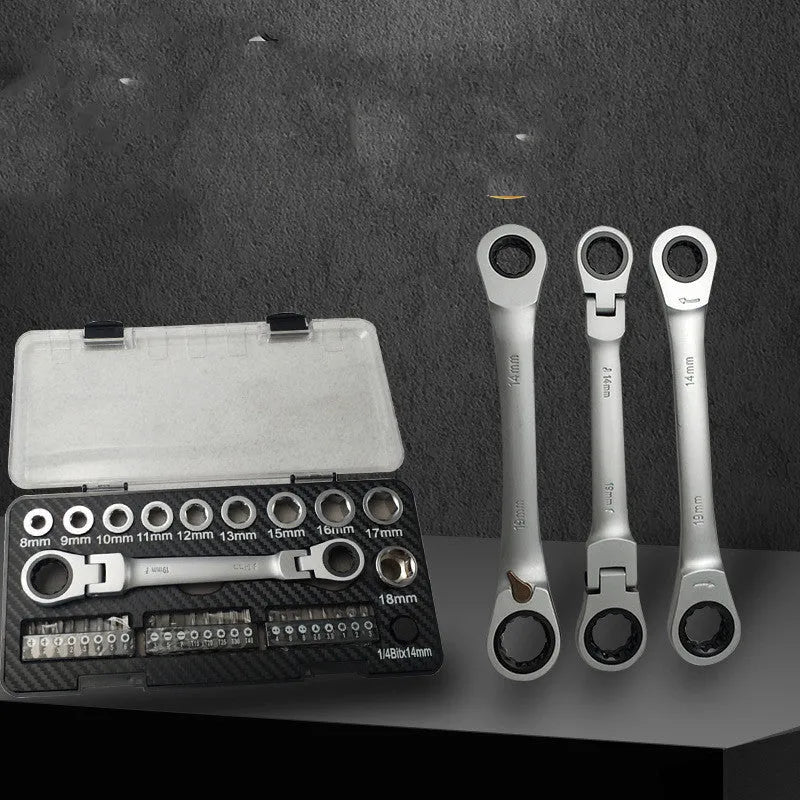 Ratchet wrench and socket screwdriver set with two-way mechanism and multiple attachments
