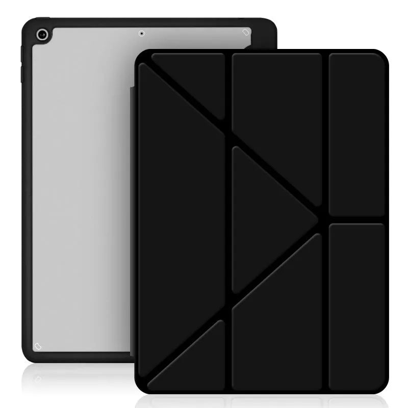 Acrylic folding iPad case showing Y-deformation design, pen slot, and imitation leather construction