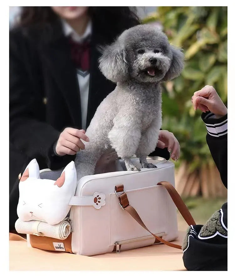 Beige hard-shell EPE padded portable cat carrier with one shoulder strap, shown next to measurements.