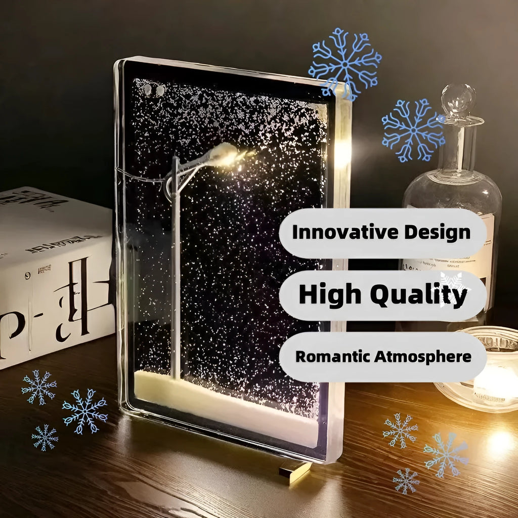 DIY snowy landscape night light kit showing components and assembled desktop decor with LED lights.