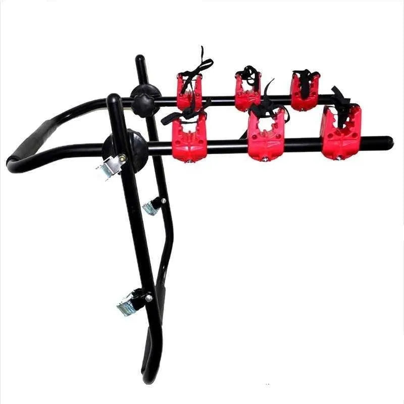 Black and red trunk mounted car bike rack with iron frame and plastic components