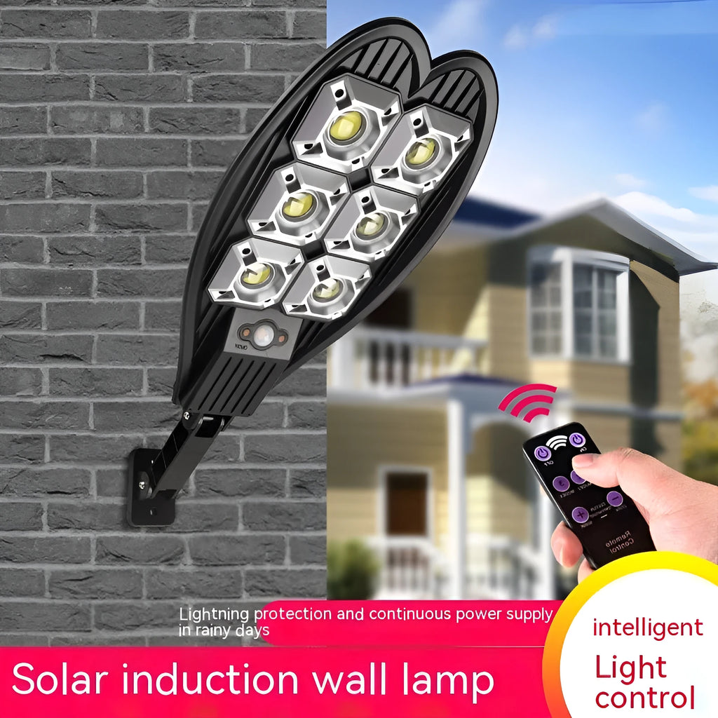 White 6-eye sword design solar-powered outdoor garden lamp with remote control.