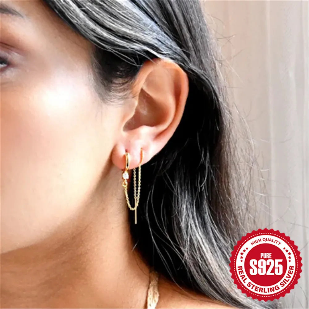 S925 sterling silver geometric flower tassel chain clip stud earrings with a gold electroplated finish.