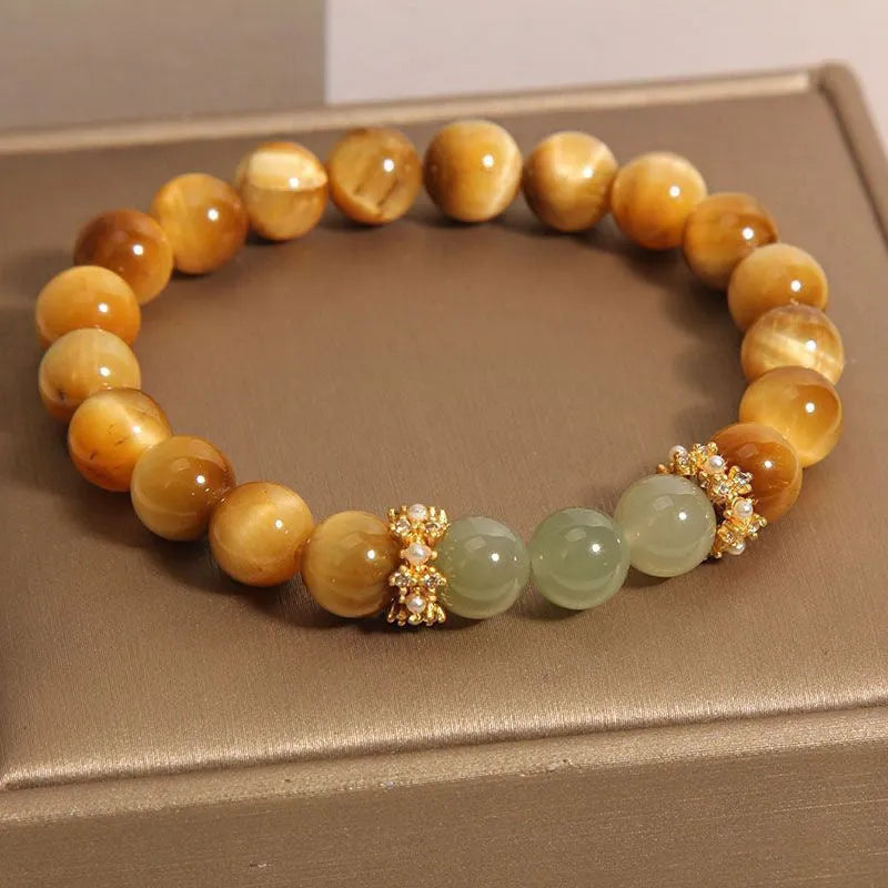 Natural yellow tiger's eye Hetian jade bracelet with gold gourd money symbol and U-shaped design