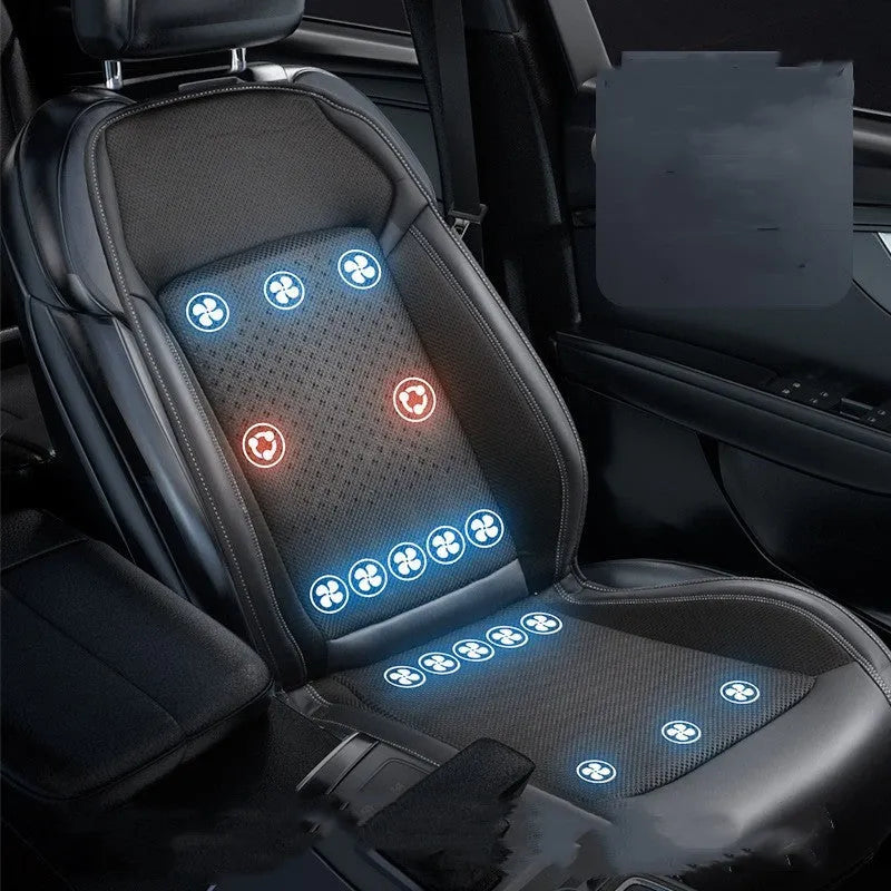 Car seat cooling pad with USB cable and built-in ventilation fan in minimalist black design