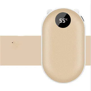Rose gold rechargeable mini hand warmer and USB power bank two-in-one unit on a table.