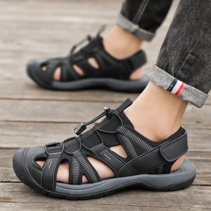 Men's blue mesh sports shoes with velcro closure and rubber sole on outdoor surface