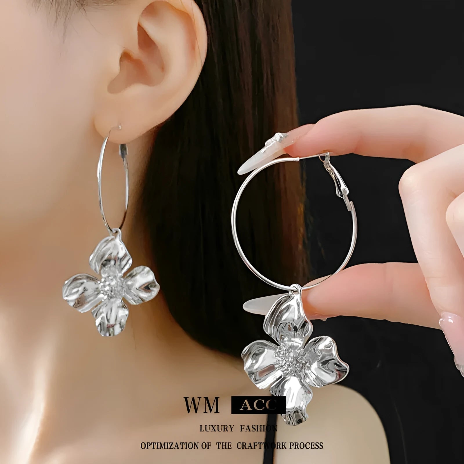Silver needle metal flower earrings with geometric design in gold or silver electroplated finish