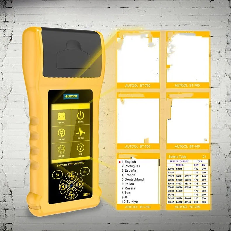 Autool BT760 colour screen car battery tester with clip connectors and thermal printer