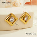 Gold coloured geometric stud earrings with an inlaid water drop zircon stone.